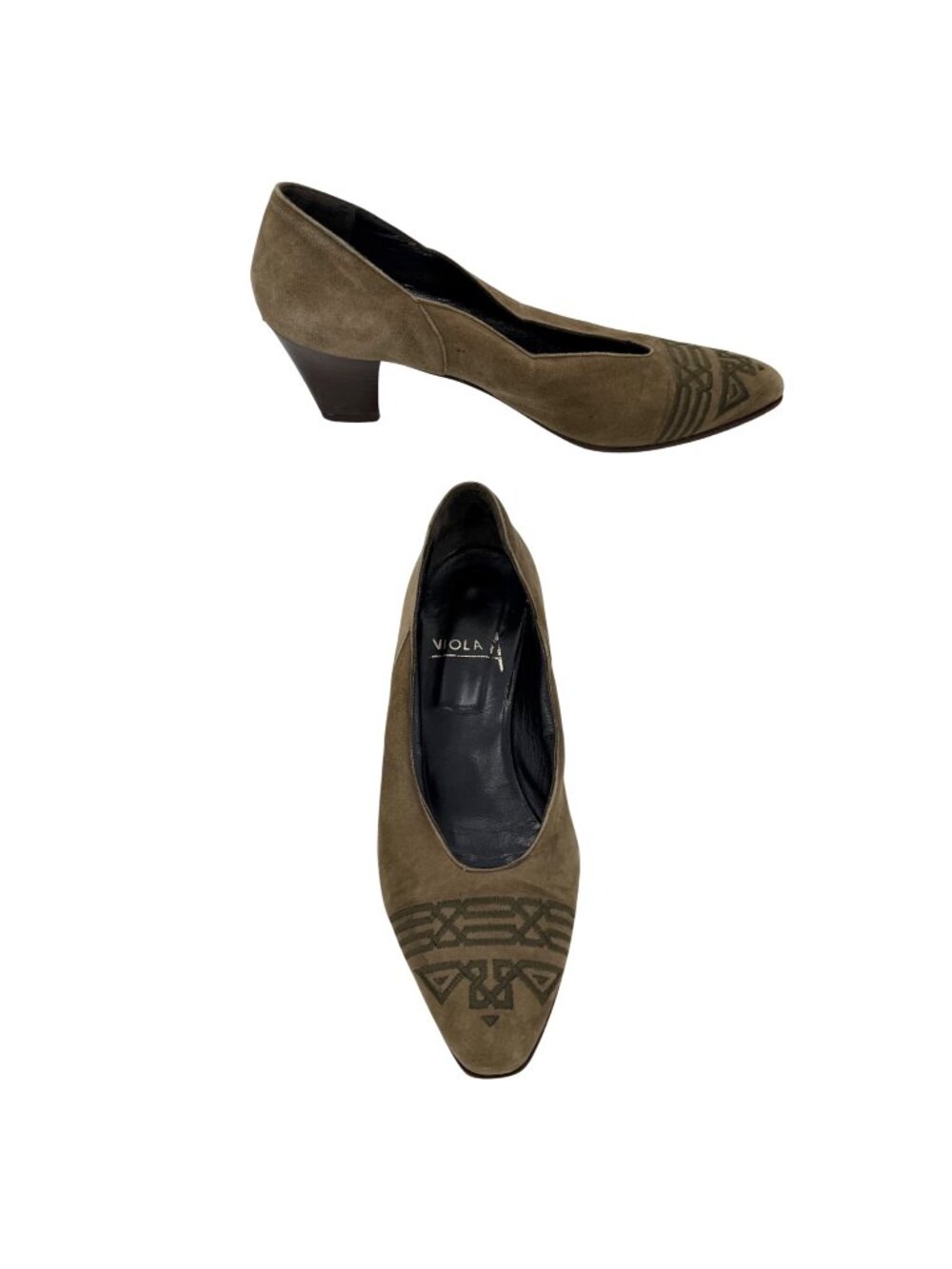 VTG VIOLA ITALIAN OLIVE GREEN SUEDE TRIBAL EMBROIDERED HEELS  - 38 (FITS LK 7)